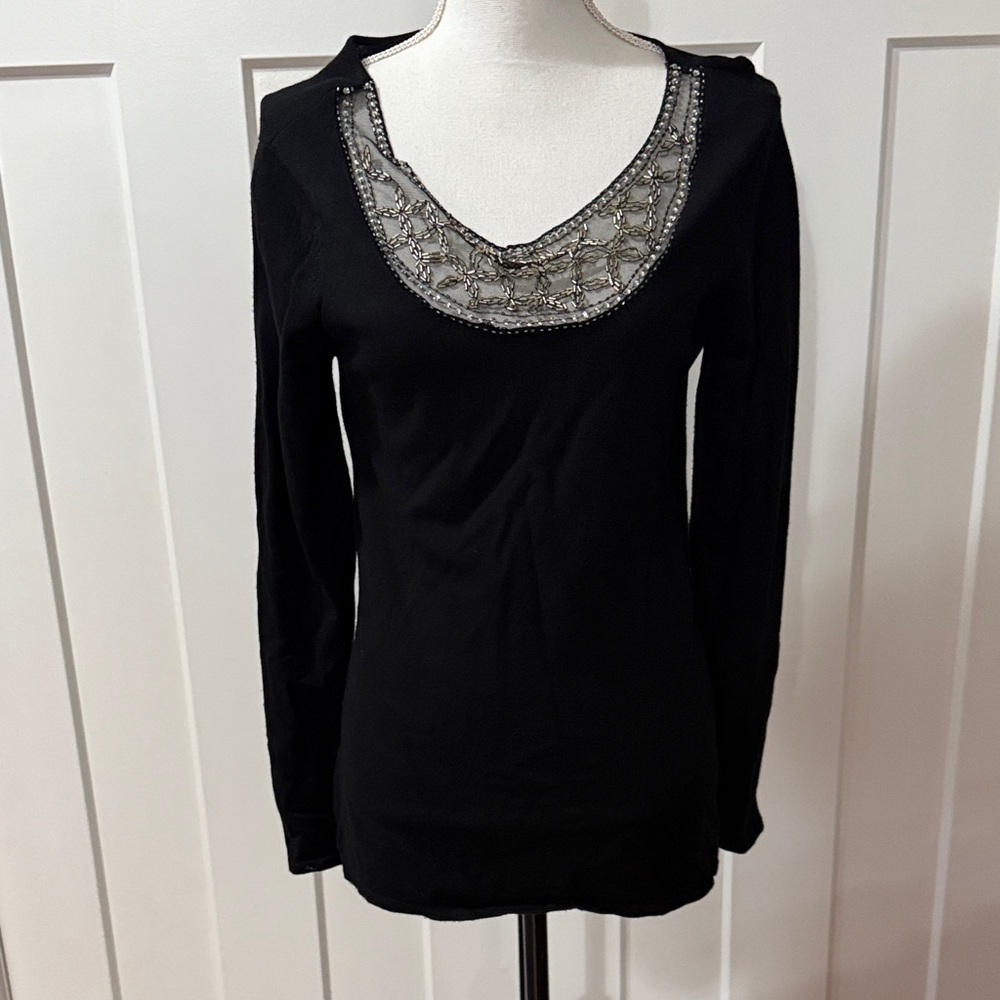 Reba Black Long Sleeve Top with Silver Embellished Neckline